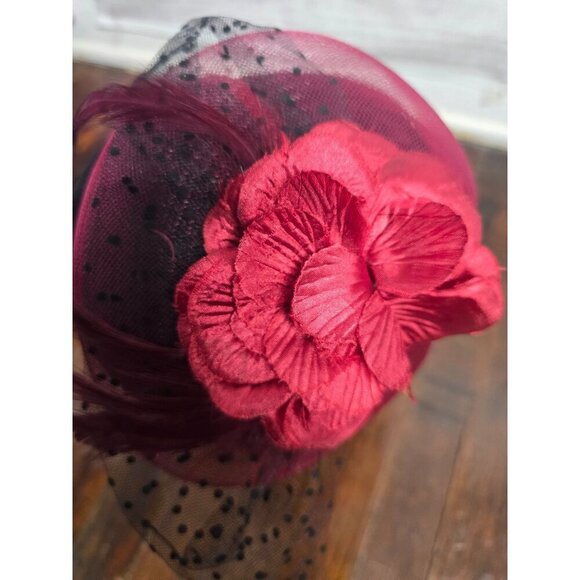 Vintage Red Flower Feather Fascinator Headband Hat Cocktail Cap - Picture 3 of 11